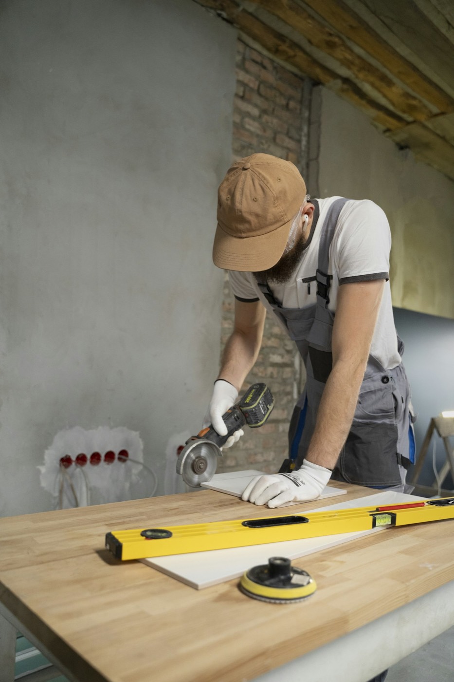 A tradesman in a cap and gloves cutting material on a workbench